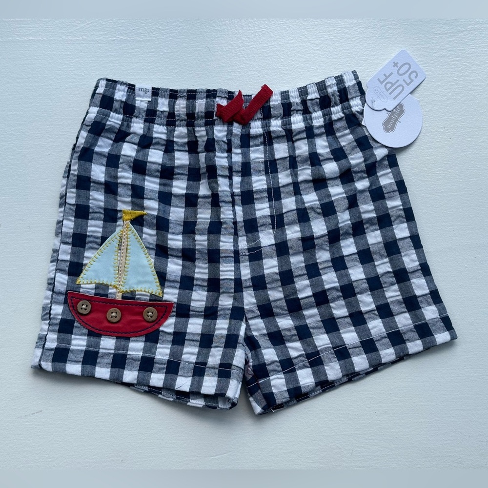 Mud Pie Sailboat Gingham Swim Trunks size Small 12-18 Months NWT